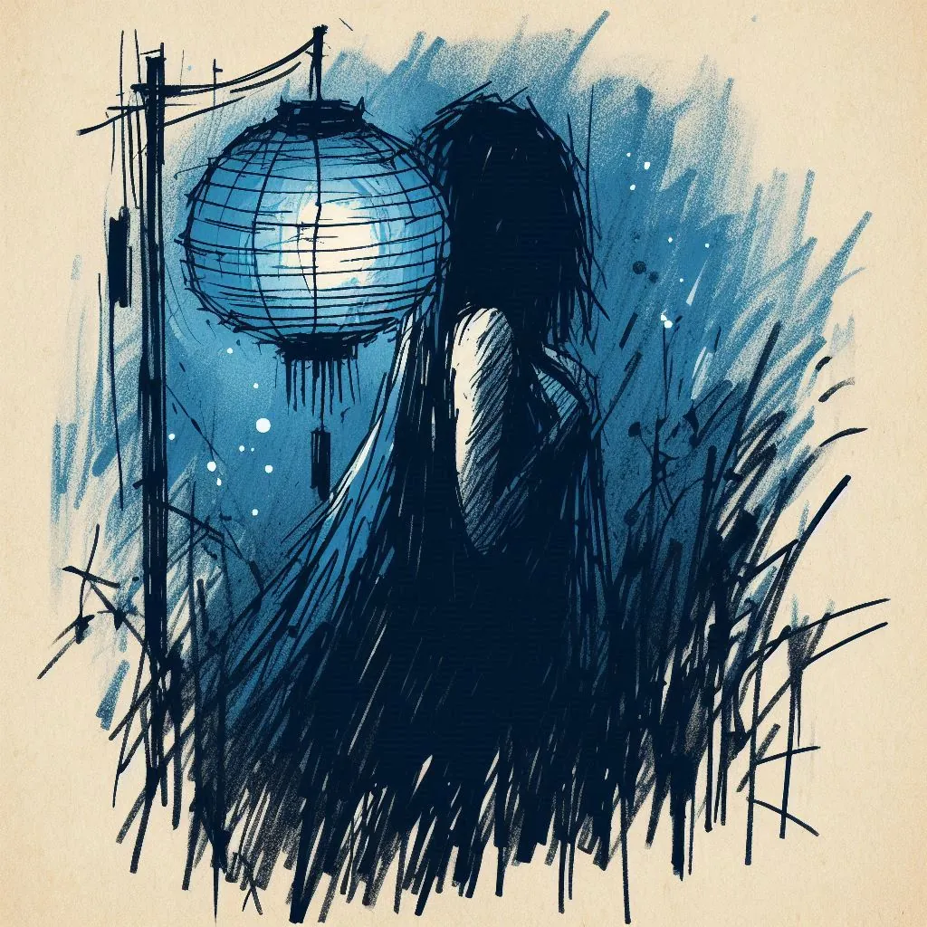 Stylised night‑time illustration of a lone blue paper lantern glowing in an Osaka alleyway, evoking the mysterious aura of The Blue Princess.