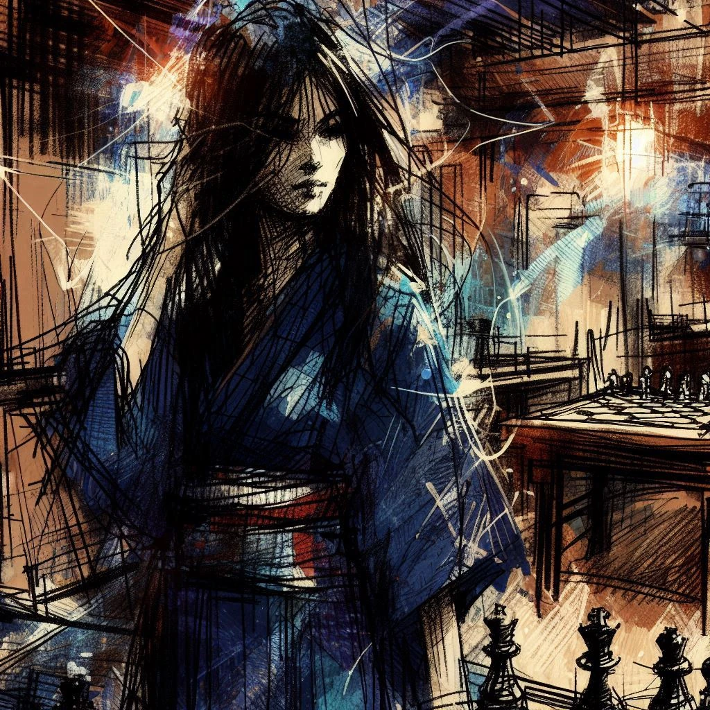 Artistic illustration of Komayo, the supernatural Japanese chess demon, depicted as a woman with long dark hair wearing a blue kimono, playing chess in a dark setting with chess pieces visible in the foreground. The artwork uses a sketchy style with blue, black, and rusty brown tones to create an ominous atmosphere.